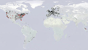 Die BitTorrent-Welt: Rote Punkte zeigen Blockaden (Foto: mpg.de)