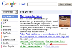 Wikipedia-Links werden derzeit nur wenigen US-Usern von Google News gezeigt (Foto: news.google.com)
