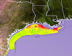 Die Todeszone im Meer südlich der Mississippi-Mündung wuchert (Bild: NASA)