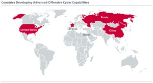 Cyberkriegs-Landkarte: Definitiv fünf Mächte mit Cyberwaffen (Foto: McAfee)