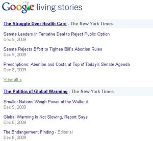 Living Stories sortiert Nachrichten nach aktuellen Themen (Foto: google.com)