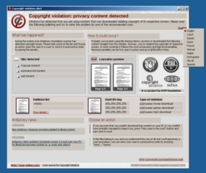 Raubkopien-Warnung mit Sprachwahl als Filesharer-Erpressung (Foto: F-Secure/M. Hyppönen) Raubkopien-Warnung mit Sprachwahl als Filesharer-Erpressung (Foto: F-Secure/M. Hyppönen)