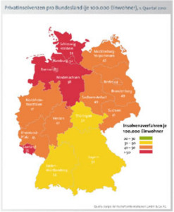 Der Bundesdurchschnitt liegt bei 42 Privatinsolvenzen pro 100.000 Einwohner (Grafik: Bürgel)