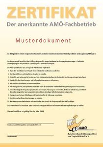 Muster des AMÖ-Zertifkates (c) Bundessverband Möbelspedition e.V.