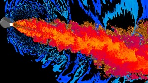 Simulierte Strömung: Triebwerk im Superrechner (Foto: CTR, Stanford University)