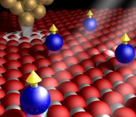 Grafik: Kobaltatome (blau) auf Magnesiumoxid-Oberfläche (Foto: F. Donati, EPFL)