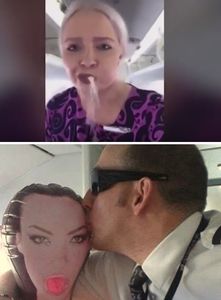 Spuckende Stewardess und Pilot mit Sexpuppe (Foto: twitter.com, youtube.com)
