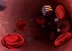 Blutplättchen und Nanosensoren in einer Arterie (Bild: Jamani Caillet, epfl.ch)