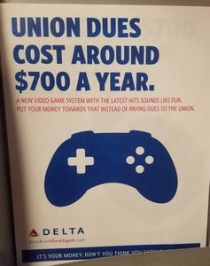 Delta-Plakat: Games statt Gewerkschaft (Foto: twitter.com, Machinists Union)