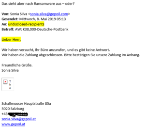 Ein Beispiel für eine Spam-Mail (Copyright: ESET)