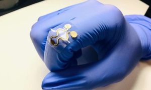 Stickstoffdioxid-Sensor auf einem Silikonhandschuh (Foto: Cheng Lab, psu.edu)