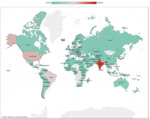 Weltweite Verteilung der Menge an Fake News (Karte: openstreetmap.org)
