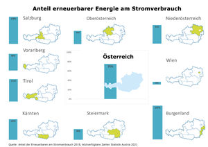Anteil erneuerbarer Energie am Stromverbrauch (Grafik: IGW/Statistik Austria)