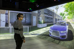 Testperson trifft im Verkehrssimulator auf ein Fahrzeug (Foto: leeds.ac.uk)