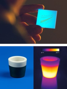 Nachleuchtendes Gas (oben) und selbstheizende Mikroreaktoren (Fotos: ikts.fraunhofer.de)
