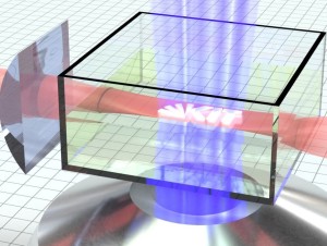 Mit rotem und blauem Laserlicht werden Objekte gedruckt (Foto: Vincent Hahn, kit.edu)