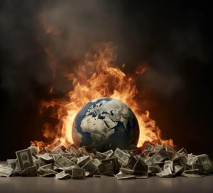 Brennendes Kapital vor Welt: Reiche tragen überproportional zum Klimawandel bei (Bild: umass.edu)