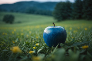 Ein blauer Apfel auf der Wiese (Bild: goodRanking AI)