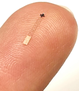 Winzige Gehirn-Computer-Schnittstelle auf einer Fingerkuppe (Foto: Hong Yeo, gatech.edu) Winzige Gehirn-Computer-Schnittstelle auf einer Fingerkuppe (Foto: Hong Yeo, gatech.edu)