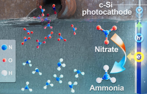 Prozess-Skizze: So wird mit Solarenergie aus Nitraten Ammoniak (Illustration: Advanced Materials)