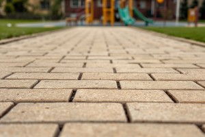 Gepflasterer Gehweg führt zu einem Spielplatz im Kindergarten (Bild: goodRanking)