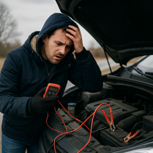 Person prüft eine Autobatterie (Foto: KI-generiert mit ChatGPT (DALL·E) für Autoankauf-Fair)