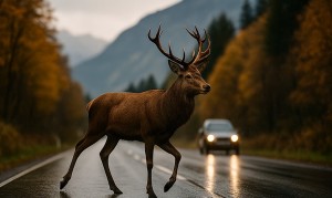 Wie reagiere ich auf Rotwild auf der Strasse? (Foto: Ki-Illustration für Autoankauf-Direkt)