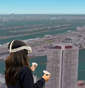 VR-Nutzerin und das, was sie per Datenbrille sieht (Foto: Jeremy Bailenson, stanford.edu) VR-Nutzerin und das, was sie per Datenbrille sieht (Foto: Jeremy Bailenson, stanford.edu)