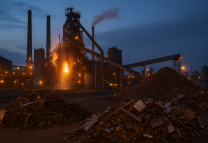 Stahlwerk bei Nacht – Symbol für Wandel von Industrie zu Recycling (Foto: schrottabholung.org/2025) Stahlwerk bei Nacht – Symbol für Wandel von Industrie zu Recycling (Foto: schrottabholung.org/2025)
