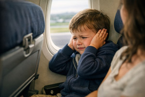 Kind mit Ohrenschmerzen im Flugzeug (Foto: Innosan GmbH)