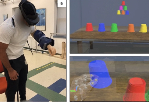 Proband beim AR-Training mit virtuellen Bechern im URI-Labor (Fotos: uri.edu)