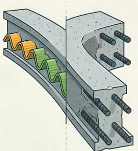 Stahlbeton (rechts) und Bewehrung mit Polymilchsäure (Illustration: sharjah.ac.ae)