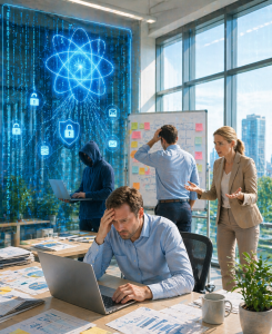 Panik im Büro: Viele Firmen sind auf Quanten-Kriminalität unvorbereitet (Bild: ChatGPT/Dall-E)