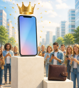 Smartphone auf dem Thron: Geldbörse wird immer seltener benutzt (Bild: ChatGPT/Dall-E)