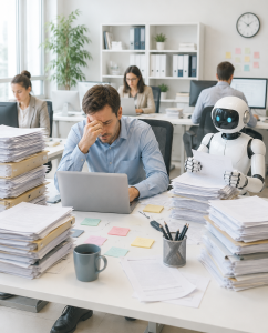 KI am Tisch: Von mehr Effizienz kann noch längst keine Rede sein (Bild: ChatGPT/Dall-E)