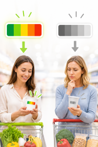 Bunt versus Grau: Ein bunter Nutri-Score wirkt auf Verbraucher besser (Bild: ChatGPT/Dall-E)