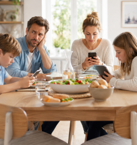 Smartphones beim Essen: Wissenschaftler stellen bedenklichen Trend fest (Bild: ChatGPT/Dall-E)