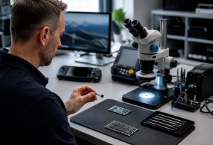 Technische Analyse eines defekten Gaming-Speichers im Datenrettungslabor.
