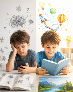 Handy versus Buch: Forscher belegen Folgen für Leseverständnis (Bild: ChatGPT/Dall-E)