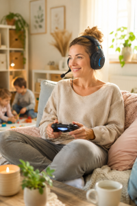 Spielende Mutter: Games sind gut für das emotionale Wohlbefinden (Bild: ChatGPT/Dall-E)