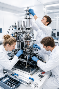 Forscher im Labor: neues Atomholografie-Mikroskop realisiert (Bild: ChatGPT/Dall-E)