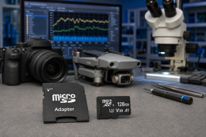 microSD-Karte und SD-Adapter im Umfeld eines Datenrettungslabors (Bild: RecoveryLab; KI-gen.)
