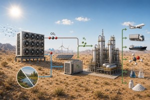 Methanolfabrik in der Wüste und Nutzungsmöglichkeiten (KI-generiertes Bild des FZJ)
