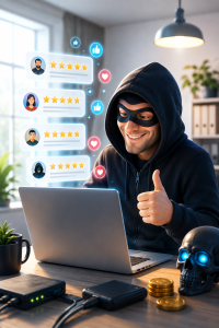 Cyber-Krimineller: Online-Bewertungen sind gefundenes Fressen (KI-Bild: ChatGPT/Dall-E)