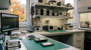 Festplatten und SSDs im Datenrettungslabor nach thermischer Belastung. KI-generiert (© RecoveryLab)