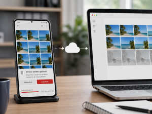 Fotoauswahl mit Cloud-Abgleich auf ein zweites Gerät (Bild: RecoveryLab; KI-generiert)