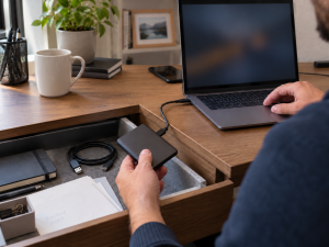 Externe SSD aus der Schreibtischschublade am Notebook (Bild: RecoveryLab; KI-generiert)