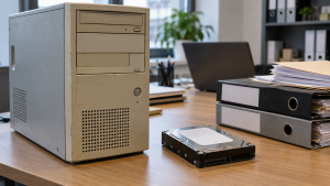 Ausgebaute Festplatte eines alten Bürorechners neben Aktenordnern (© RecoveryLab; KI-gen.)