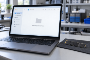 Symbolbild: Notebook mit leerem Ordner „Fotoarchiv", daneben eine SSD (KI-generiert)