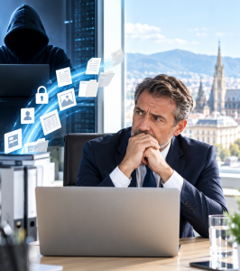 Grübelnder Manager: Datenabfluss durch Cyber-Gangster (KI-Bild: ChatGPT/Dall-E)